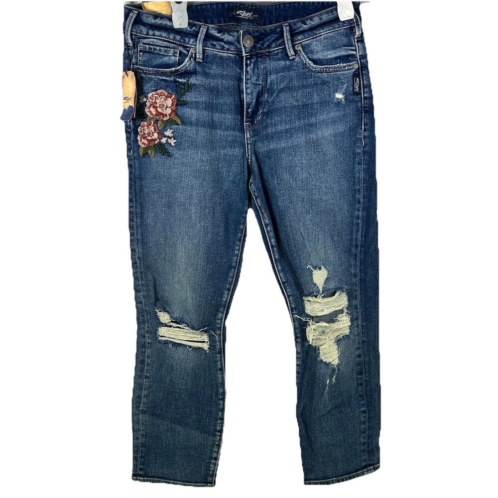 Silver Jeans Womens Size 29x25 Mazy Slim Crop distressed Floral Embroidered